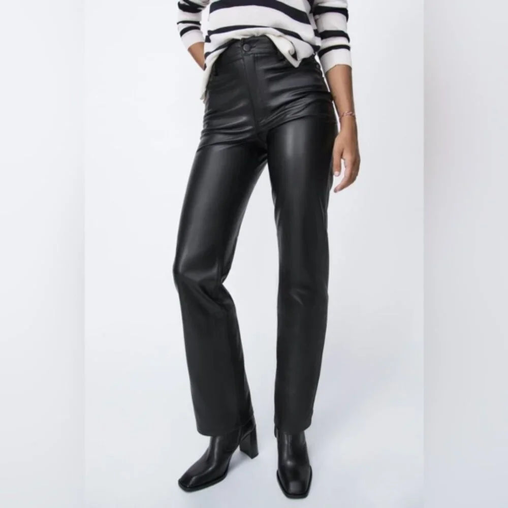 NWT ZARA FAUX‎ LEATHER 90’s WIDE LEG Pants High Waist 2969/245/800 Size 14